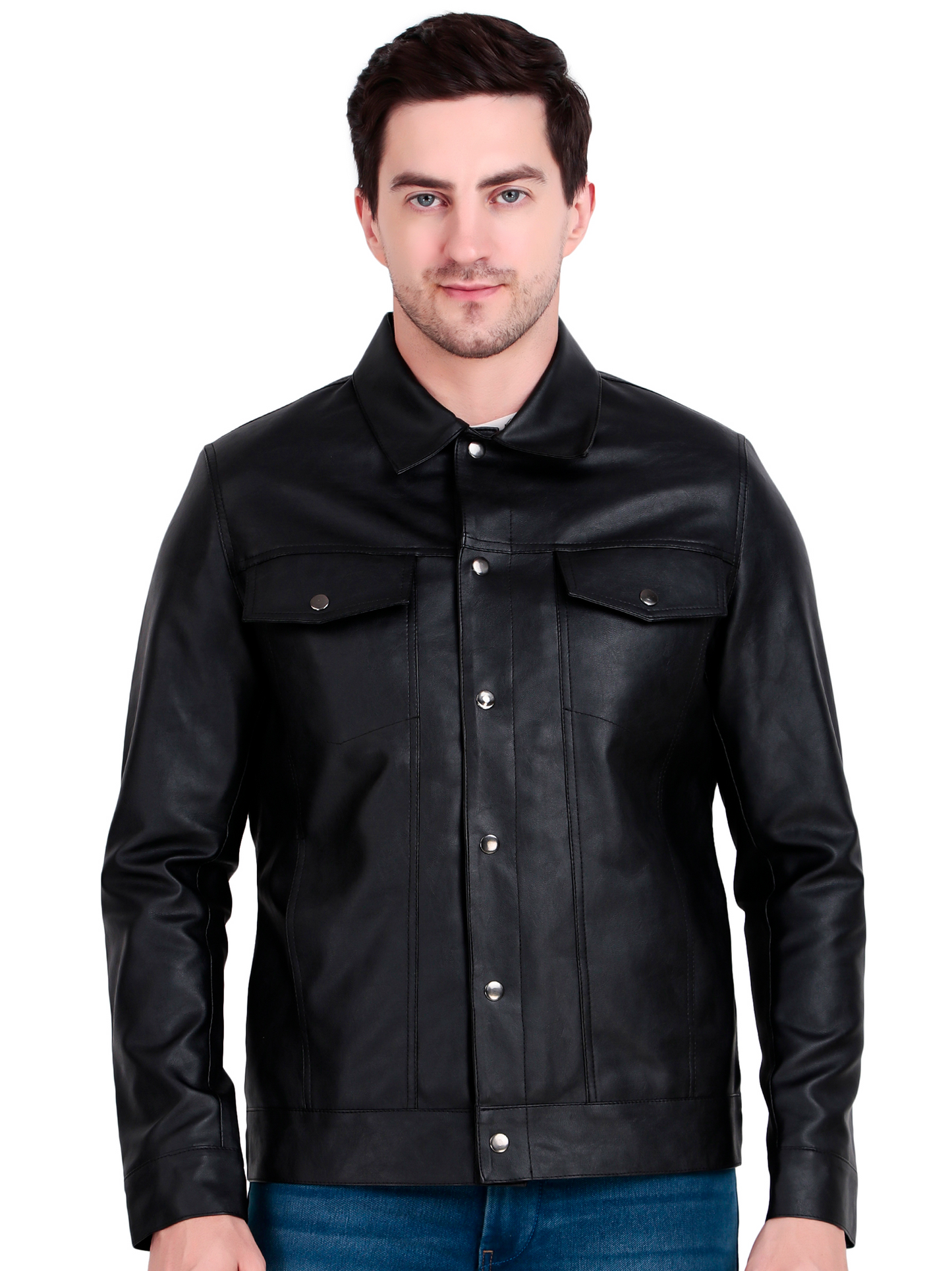 Leather Retail Black Faux Leather Jacket for Men's with Snap Button Closure ( LRM50BL )