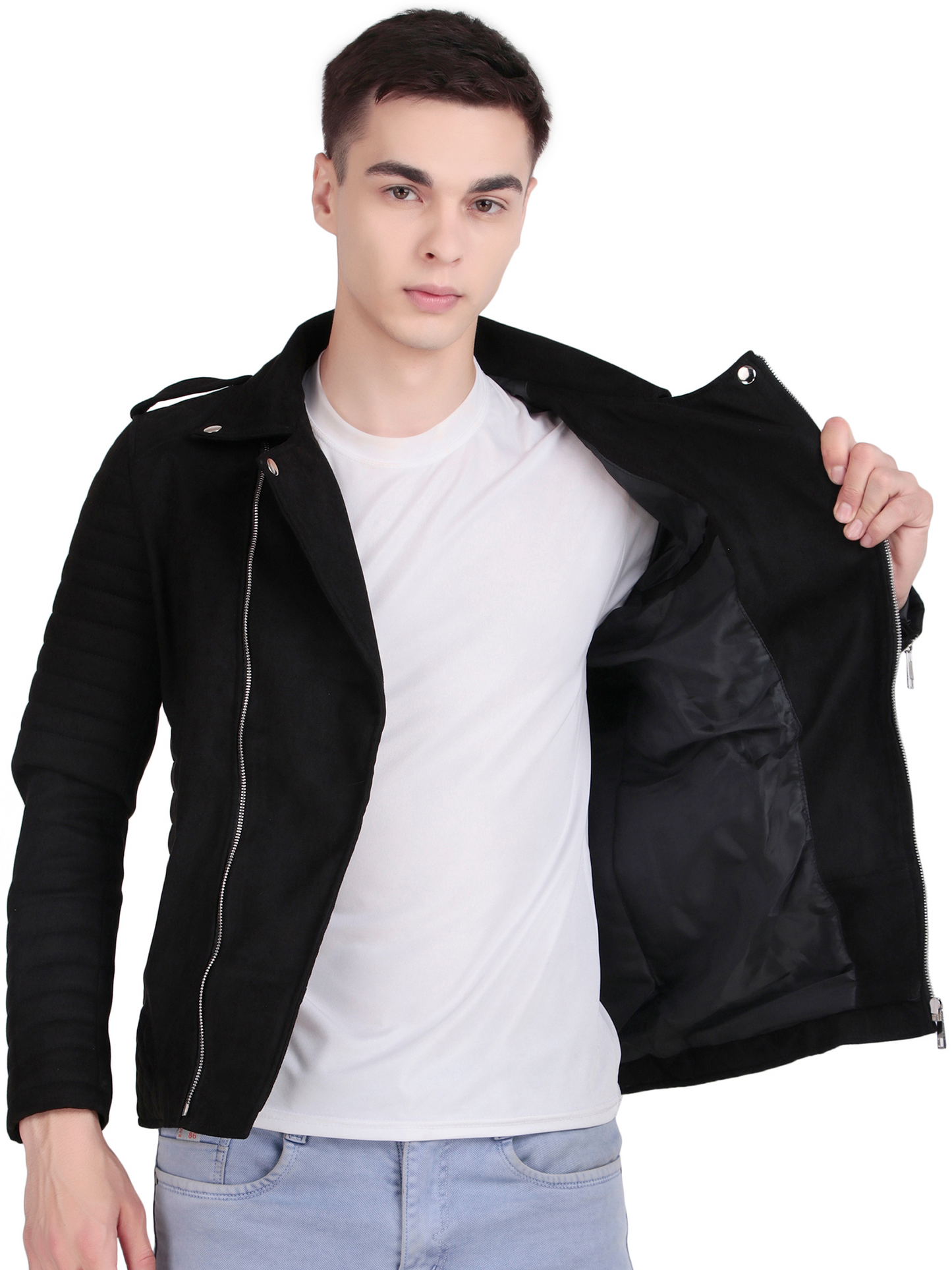 Leather Retail Men's Suede Faux Leather Printed Jacket Think Positive ( LRPRSUDRMBL)