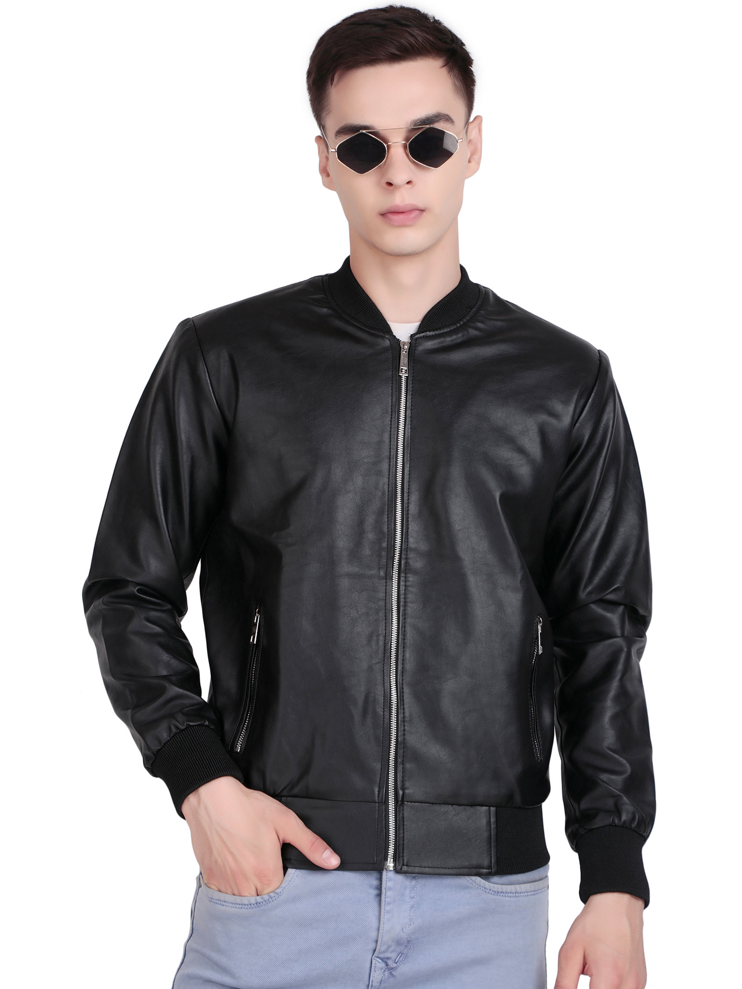 Leather Retail Men’s Graphic Print Faux Leather Biker Jacket ( LRPRELBL )