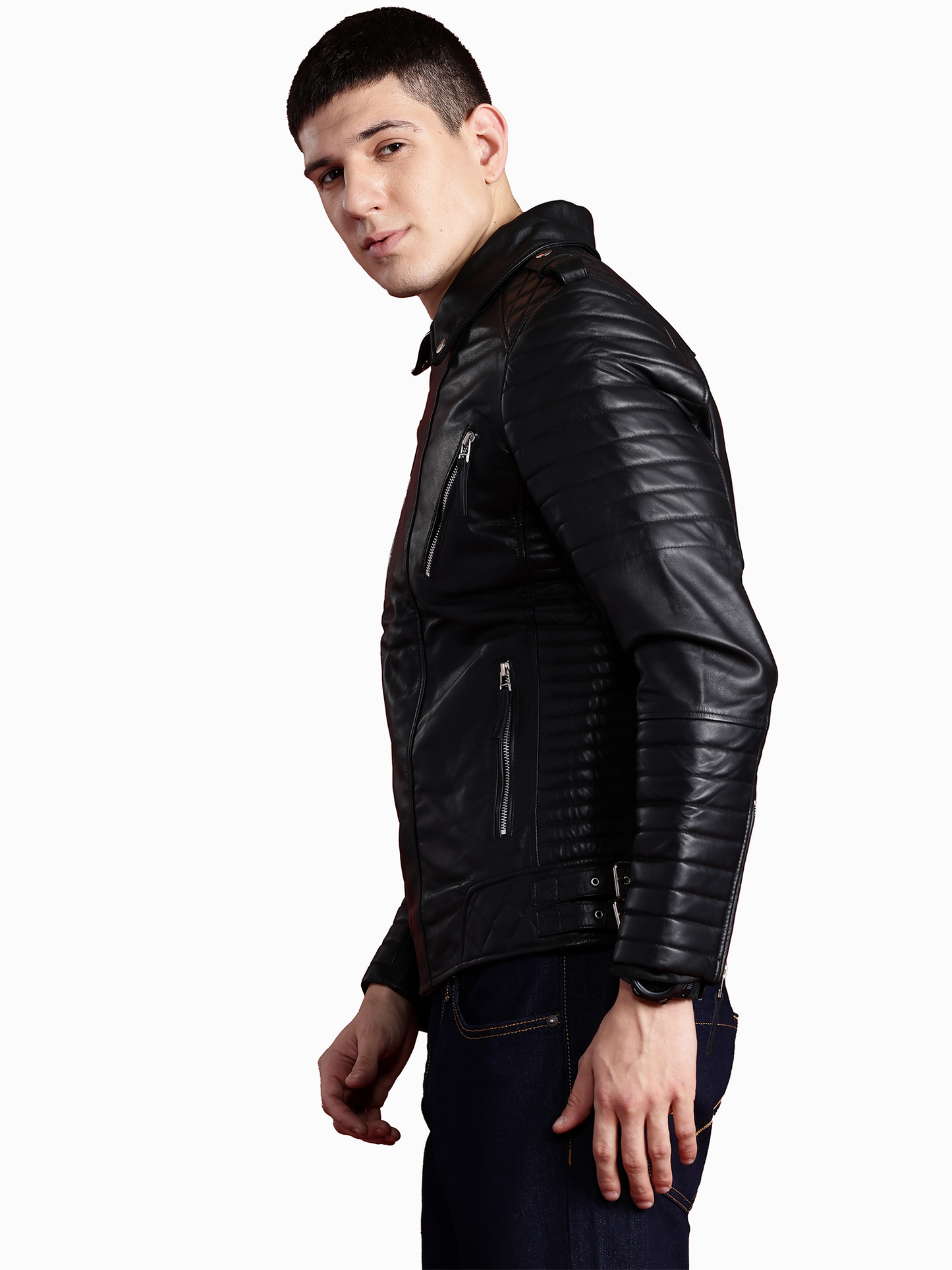 Leather Retail Genuine Leather Biker Jacket for Men's ( LRPLM40BL )