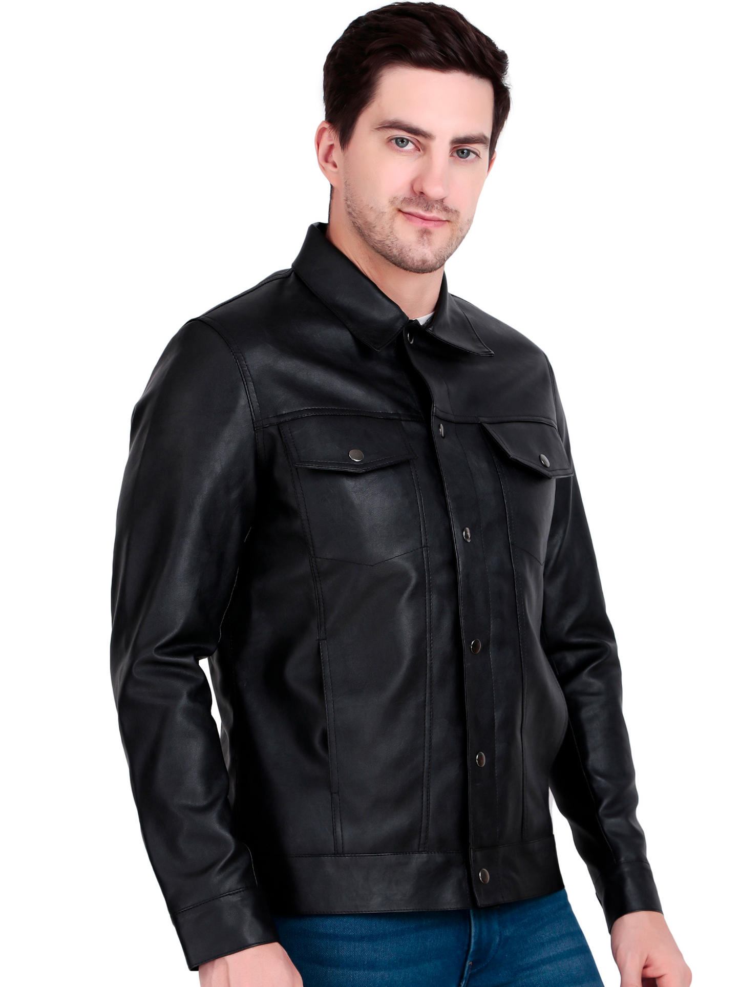 Leather Retail Black Faux Leather Jacket for Men's with Snap Button Closure ( LRM50BL )