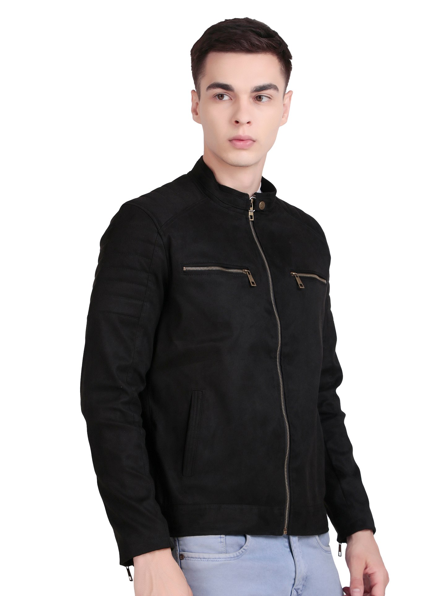 Leather Retail Men's Suede Leather Quotes Printed Jacket ( LRPRSUDDEBL )