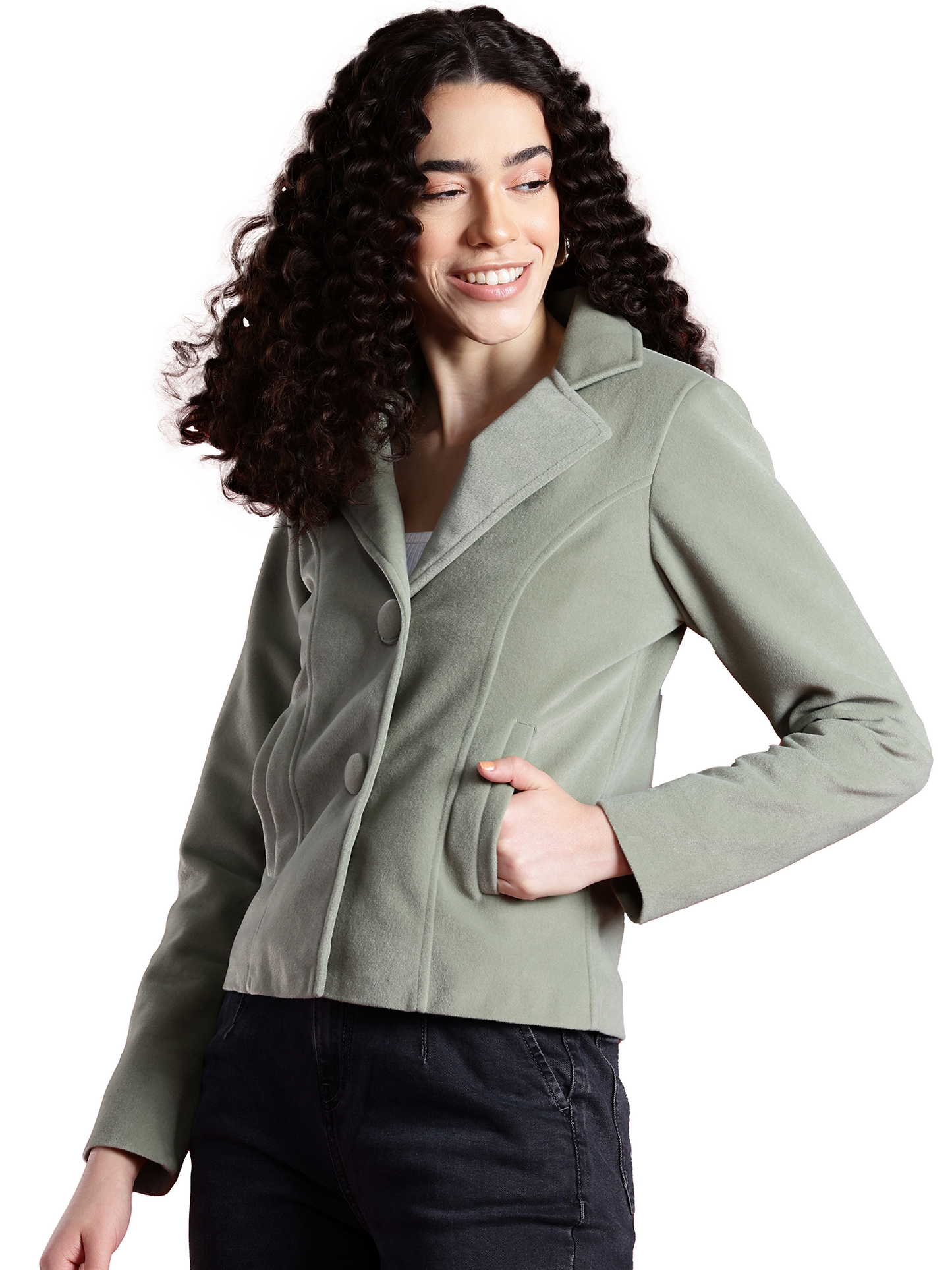 Leather Retail Women Full Sleeve Velvet Two Button Green Jacket ( LRVEL2BGR )