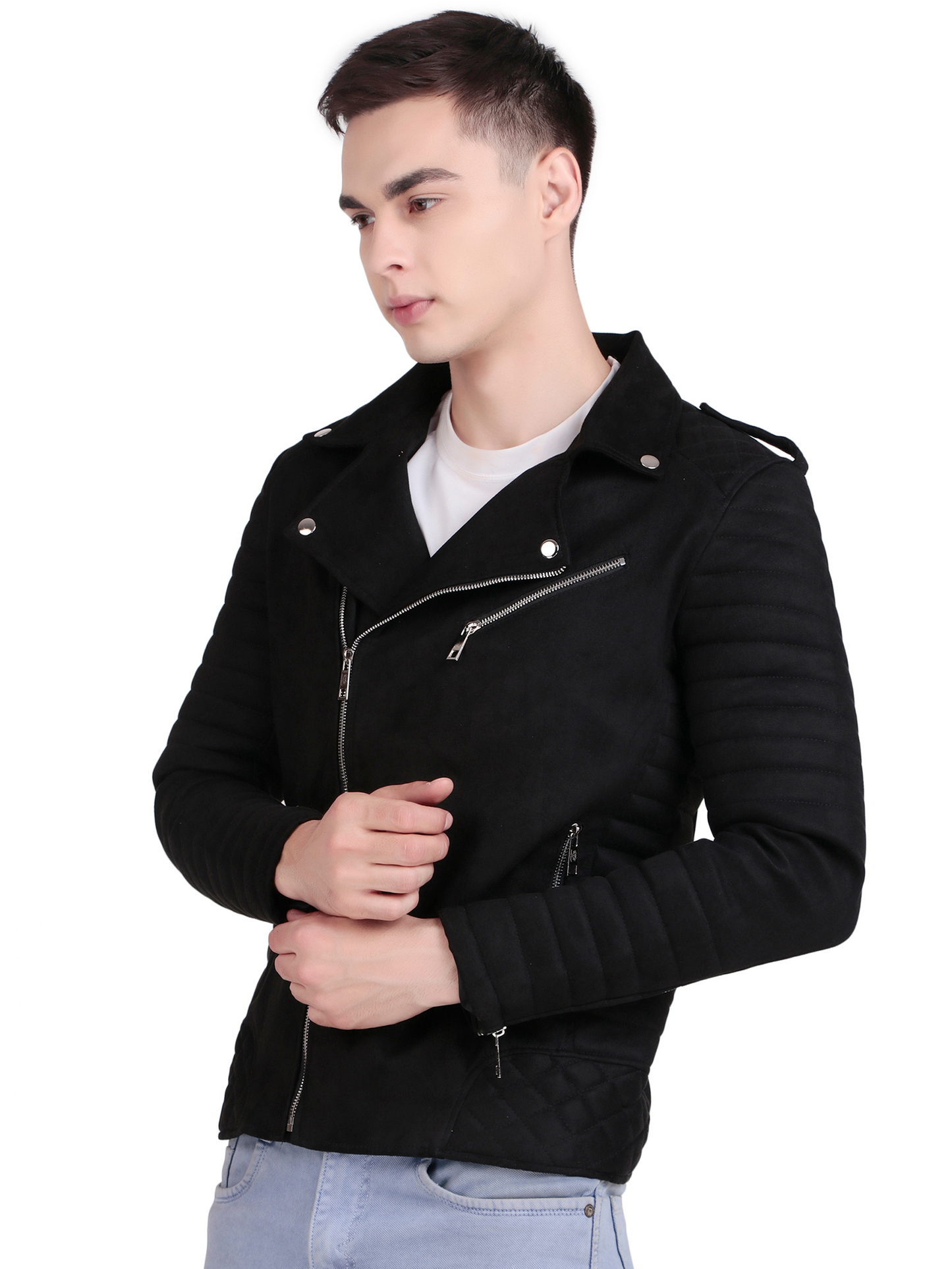 Leather Retail Men's Suede Faux Leather Printed Jacket Think Positive ( LRPRSUDRMBL)