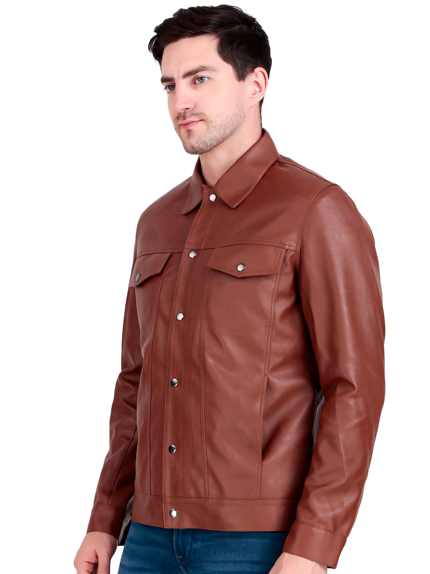 Leather Retail Brown Faux Leather Jacket for Men's with Snap Button Closure ( LRM50BR )