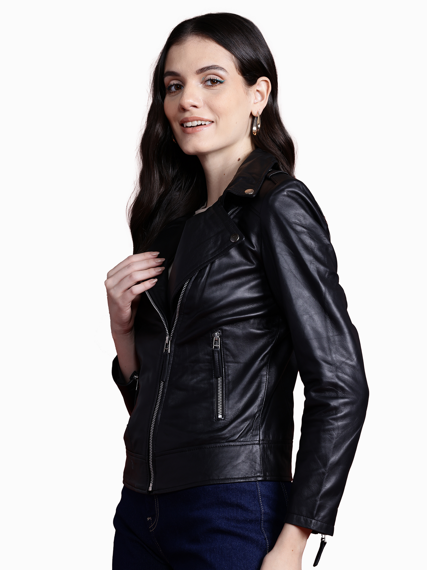 Leather Retail Genuine Leather Biker Jacket For Women's ( LRPLF14BL )
