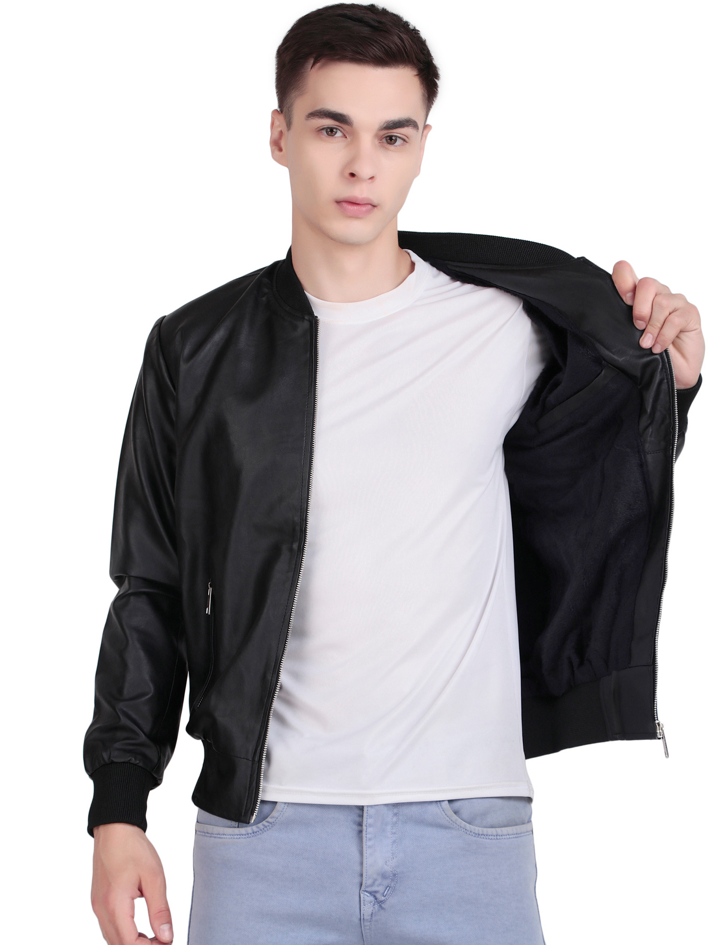 Leather Retail Men’s Graphic Print Faux Leather Biker Jacket ( LRPRELBL )