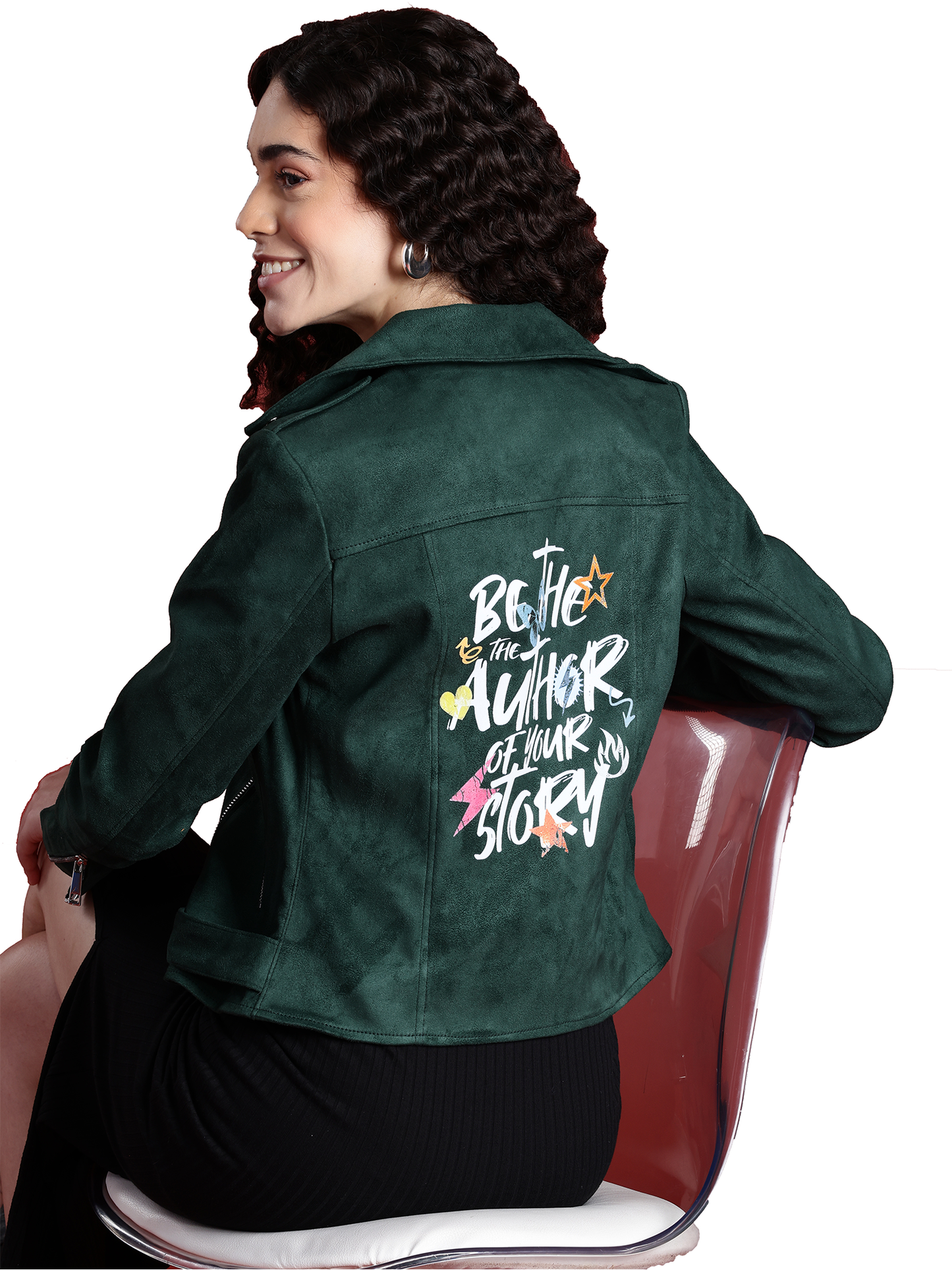 Leather Retail Women's Graphics Printed Suede Biker Jacket Be the Author ( LRPRSUDF11GR )