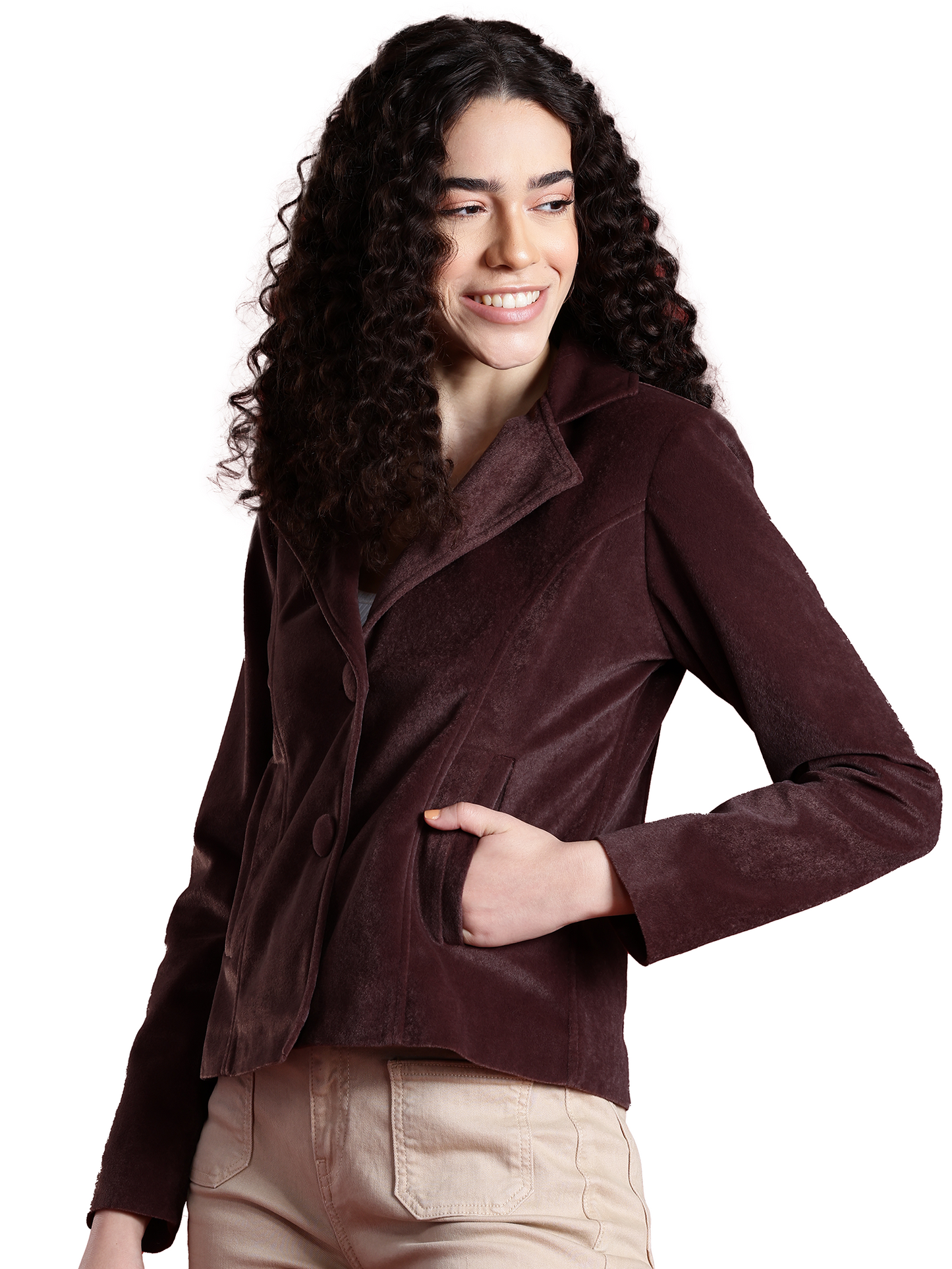 Leather Retail Women Full Sleeve Velvet Two Button Coffee Jacket ( LRVEL2BCO )