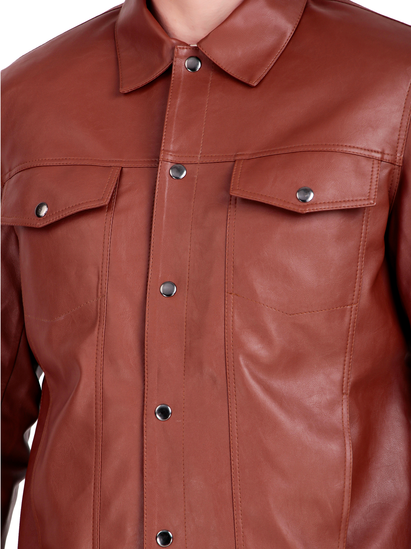 Leather Retail Brown Faux Leather Jacket for Men's with Snap Button Closure ( LRM50BR )