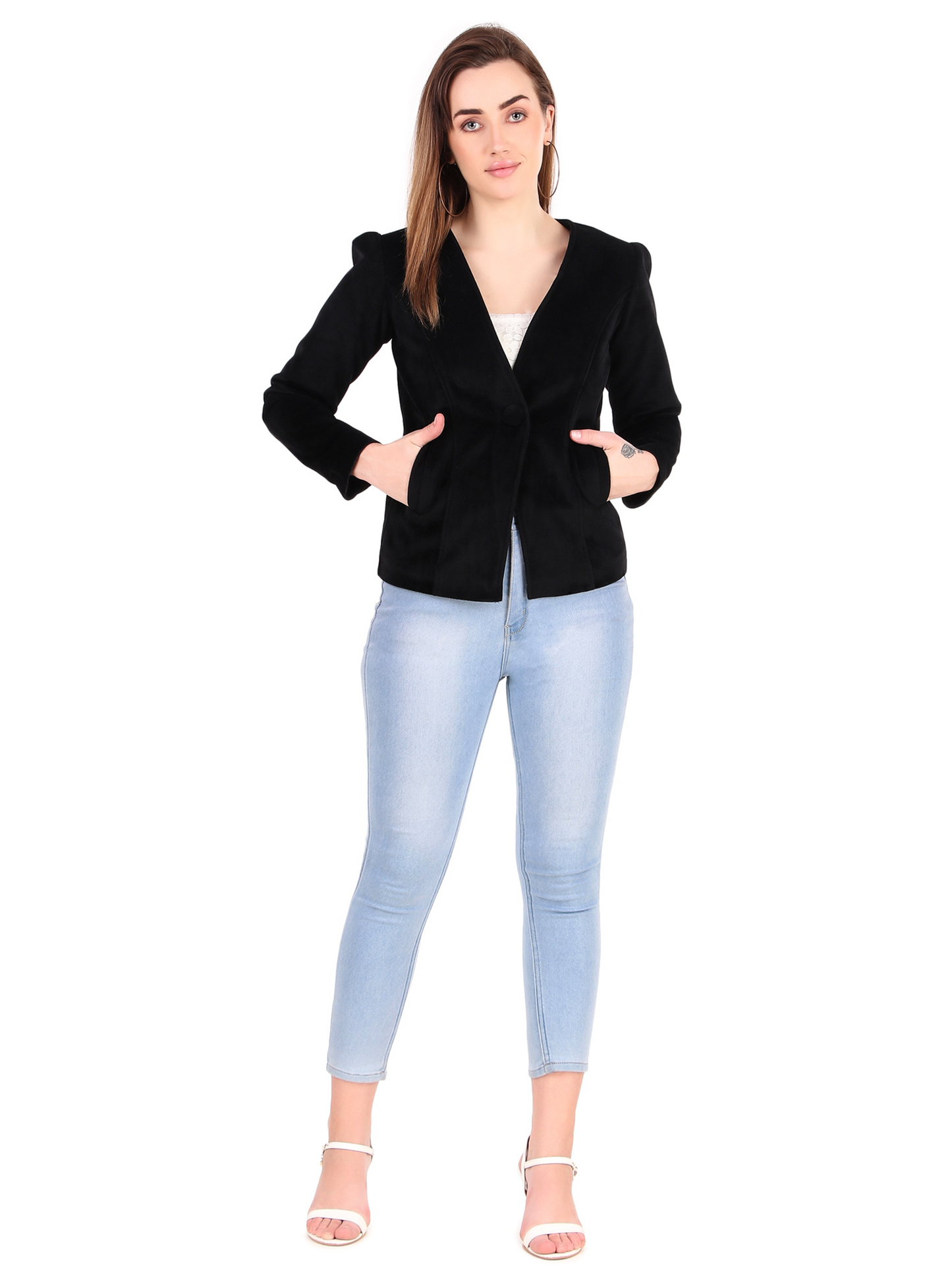Leather Retail Single Button Winter Wear Velvet Jacket For Women's ( LRVELSBBL )
