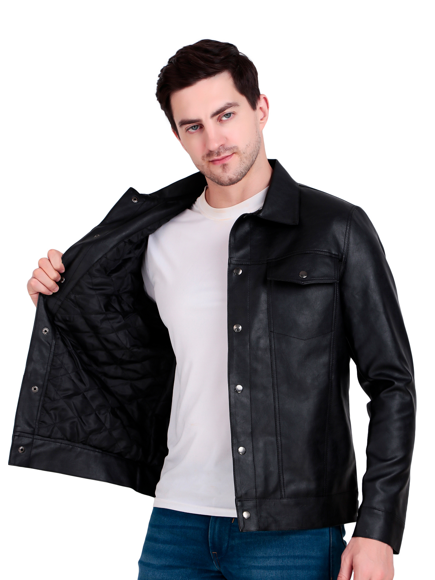 Leather Retail Black Faux Leather Jacket for Men's with Snap Button Closure ( LRM50BL )