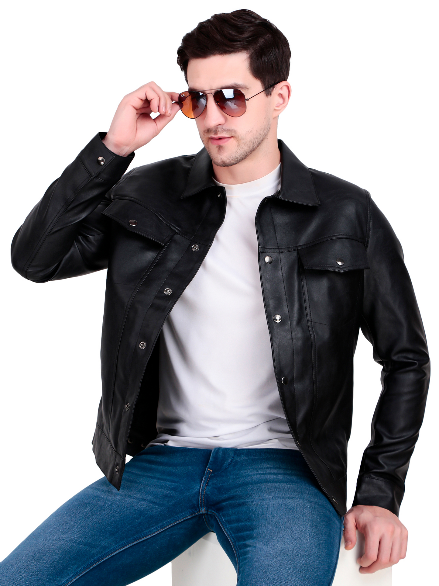 Leather Retail Black Faux Leather Jacket for Men's with Snap Button Closure ( LRM50BL )