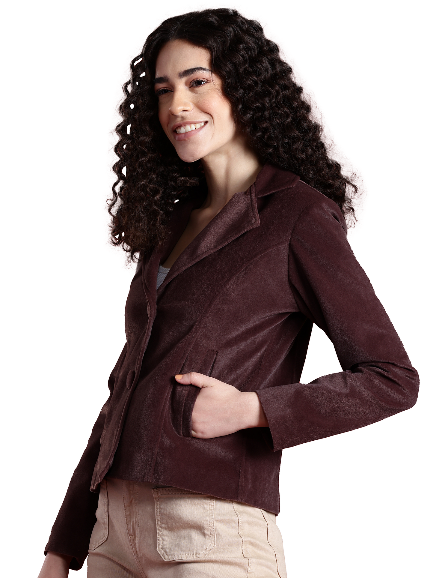 Leather Retail Women Full Sleeve Velvet Two Button Coffee Jacket ( LRVEL2BCO )