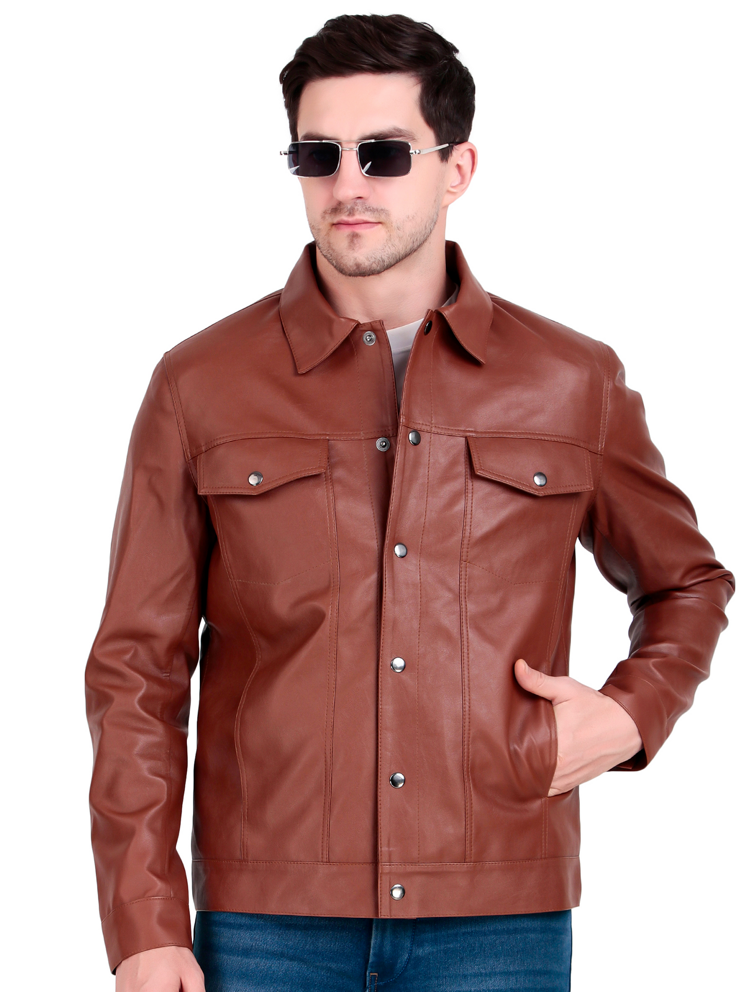 Leather Retail Brown Faux Leather Jacket for Men's with Snap Button Closure ( LRM50BR )