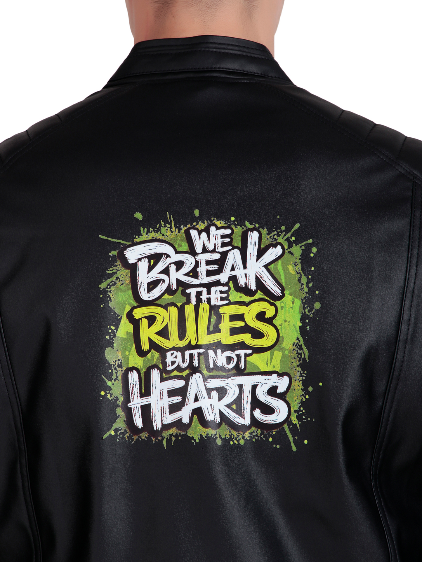 Leather Retail Men's Faux Leather Printed Jacket We Break the Rules ( LRPRDEBL)
