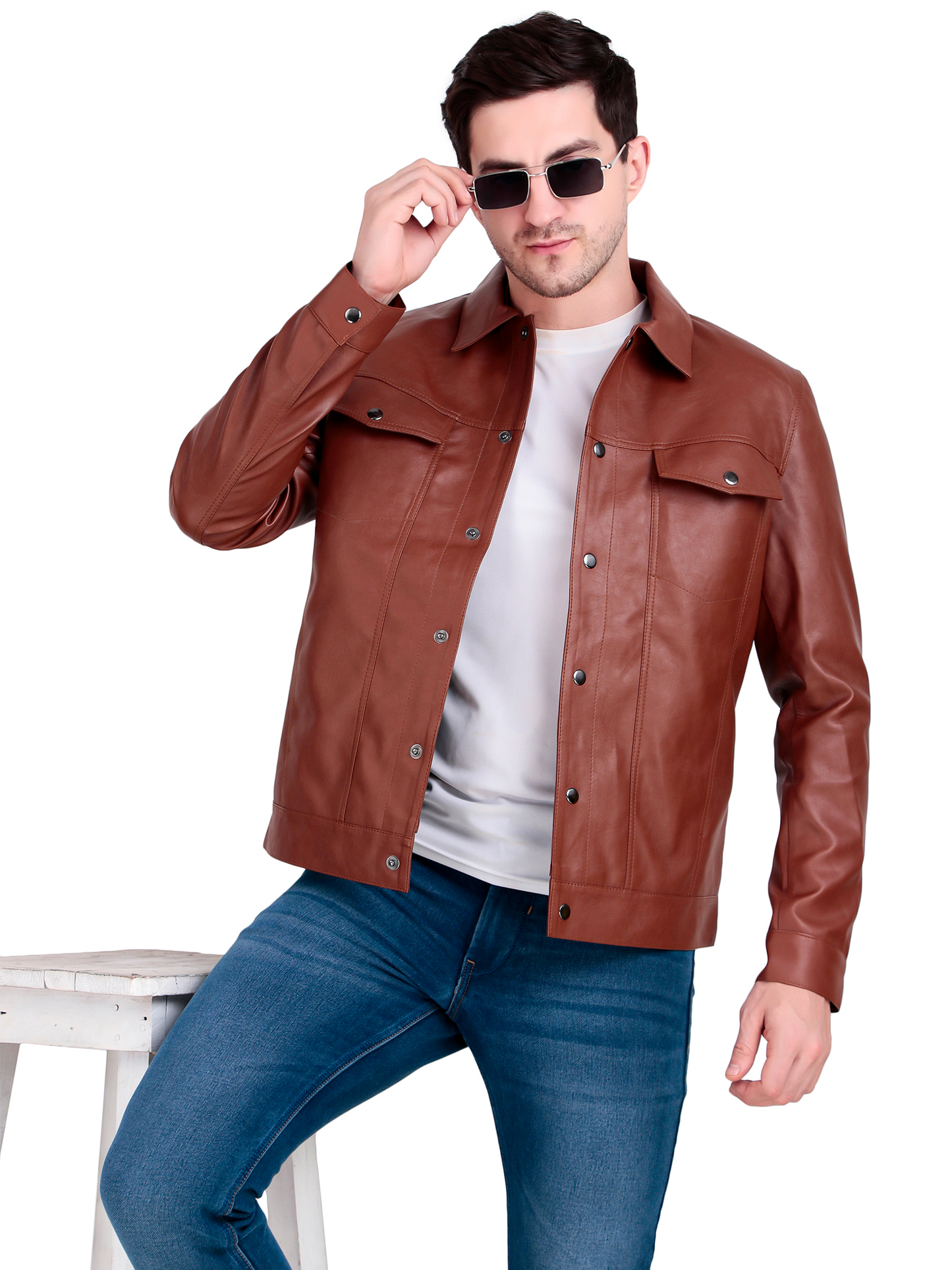 Leather Retail Brown Faux Leather Jacket for Men's with Snap Button Closure ( LRM50BR )