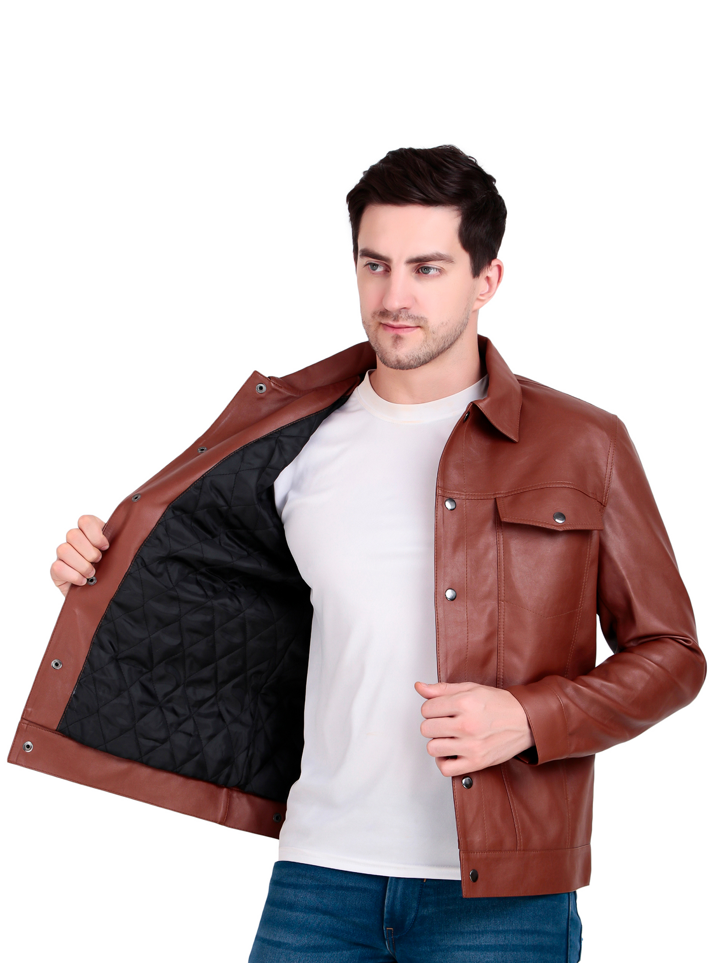Leather Retail Brown Faux Leather Jacket for Men's with Snap Button Closure ( LRM50BR )
