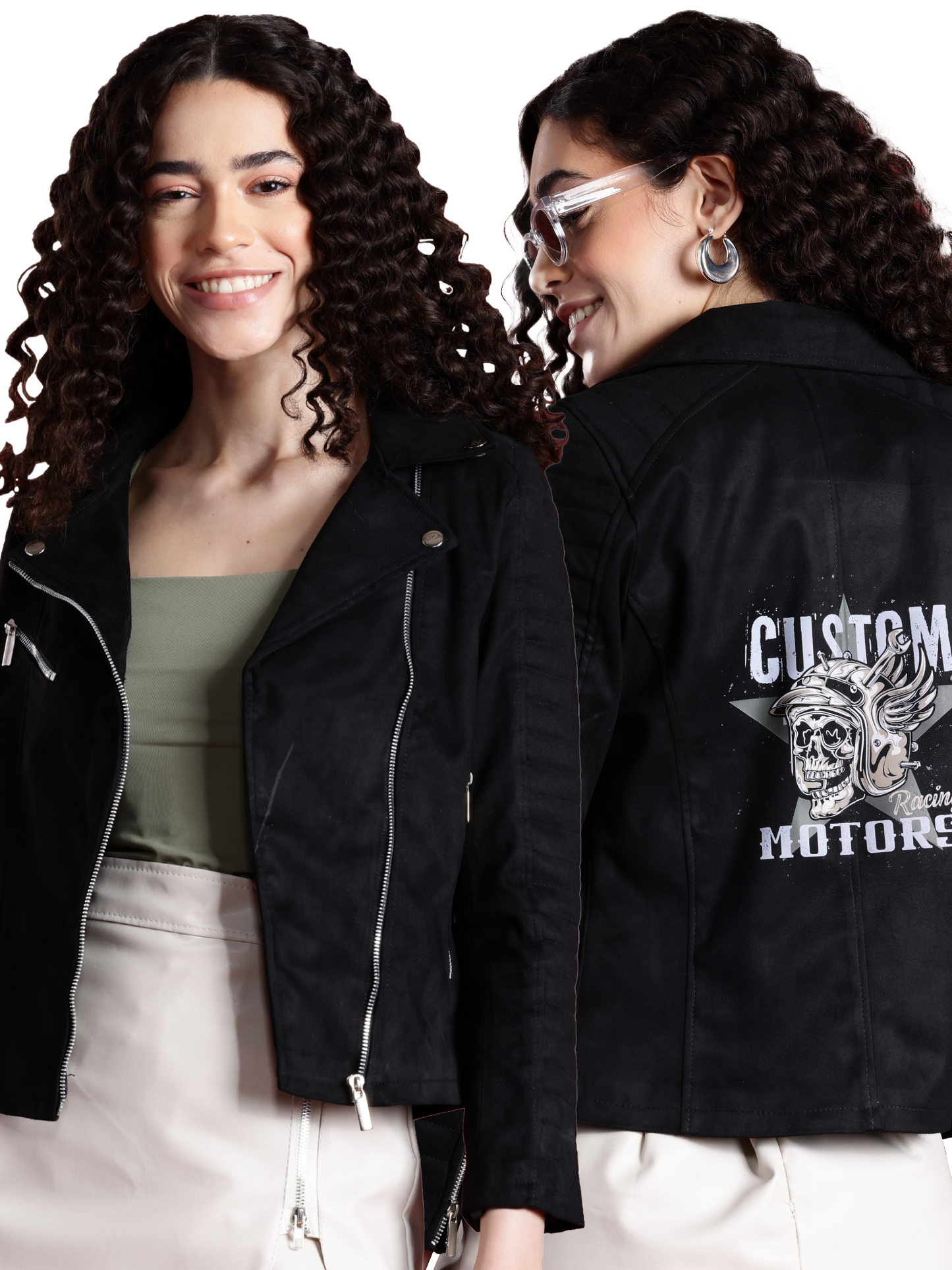 Leather Retail Women's Suede Faux Leather Graphic Printed Jacket Custom Motors ( LRPRSUDFRBL )