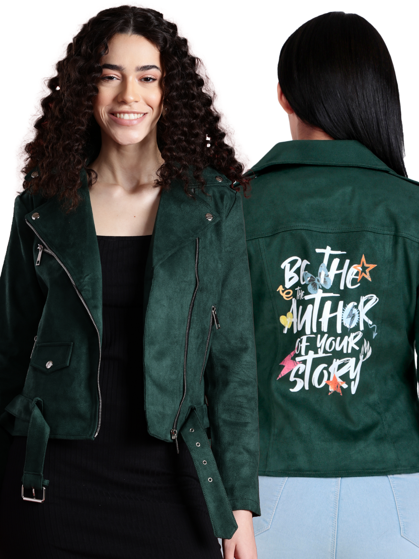 Leather Retail Women's Graphics Printed Suede Biker Jacket Be the Author ( LRPRSUDF11GR )