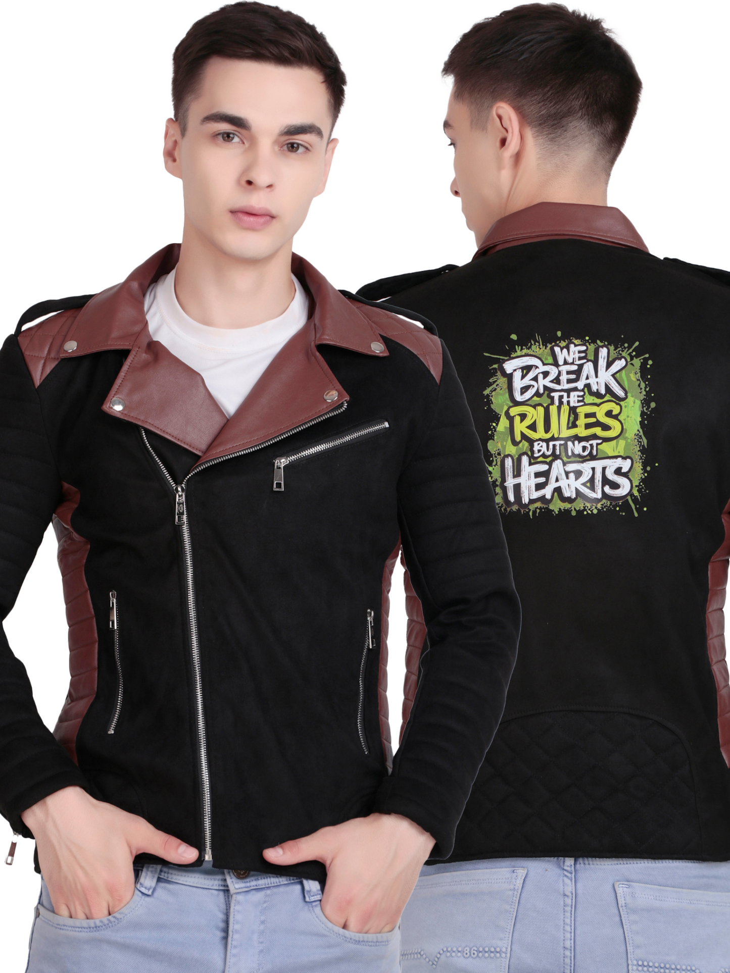 Leather Retail Men's Suede Leather Printed Jacket We Break the Rules ( LRPRSUDM47BL )