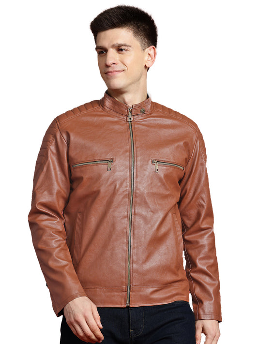 Leather Retail Brown Faux LeatherBiker Jacket for Men's