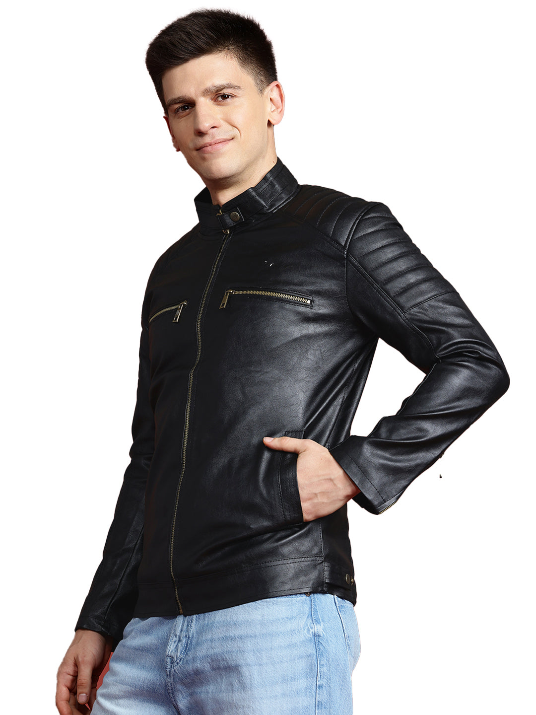 Leather Retail Men's Faux Leather Standard Length Jacket(LRDEBL)