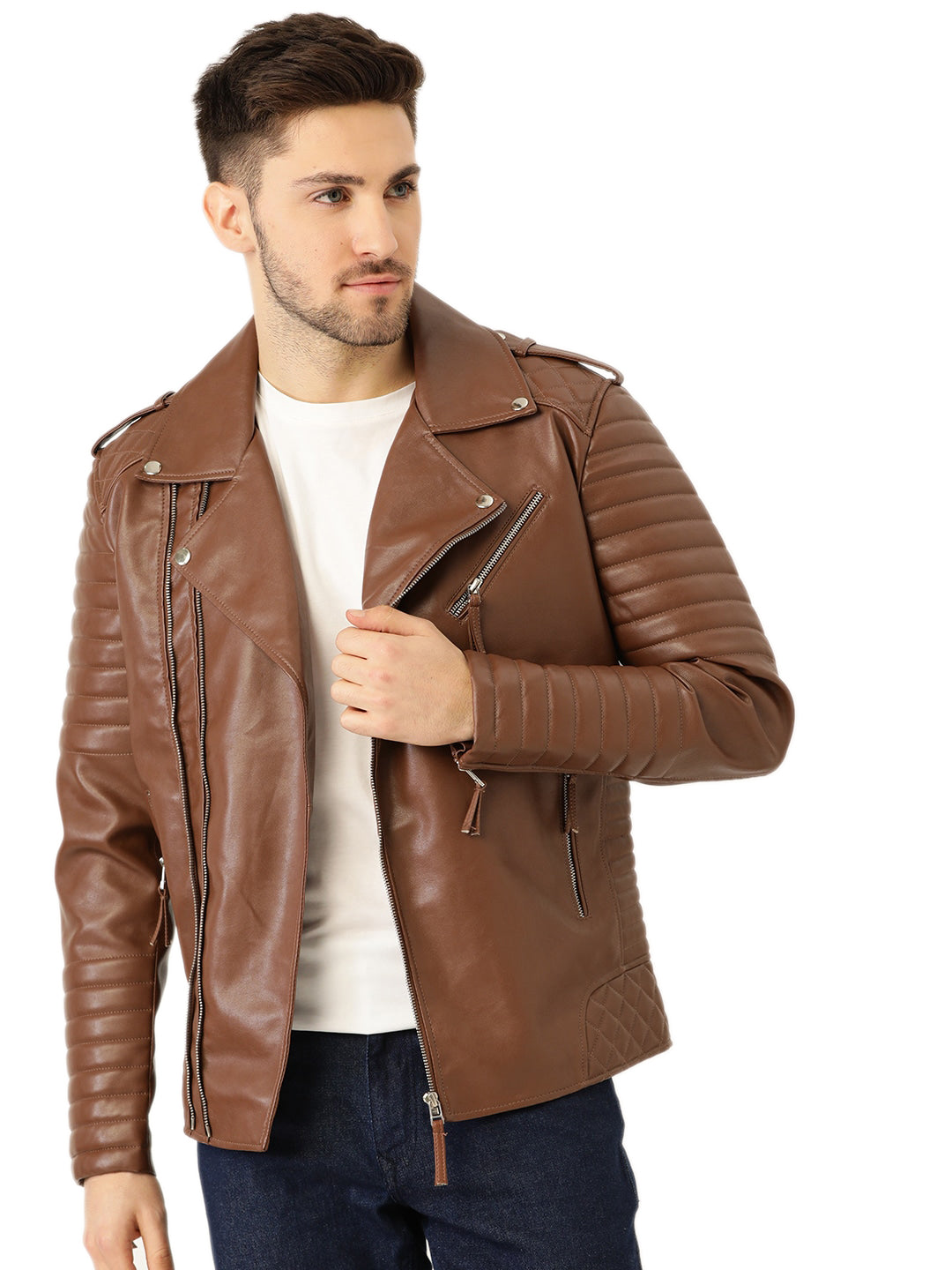Leather Retail® Men's Solid Biker Jacket(LRM30BR)