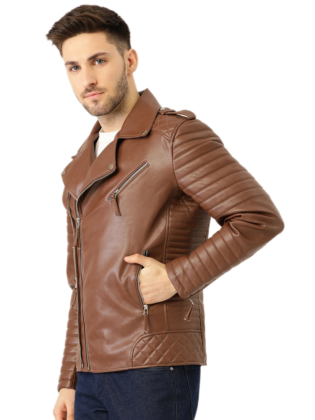 Leather Retail® Men's Solid Biker Jacket(LRM30BR)