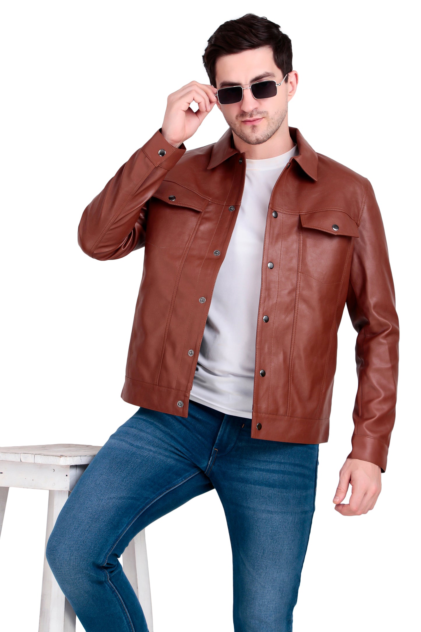 Leather Retail Brown Faux Leather Jacket for Men's with Snap Button Closure