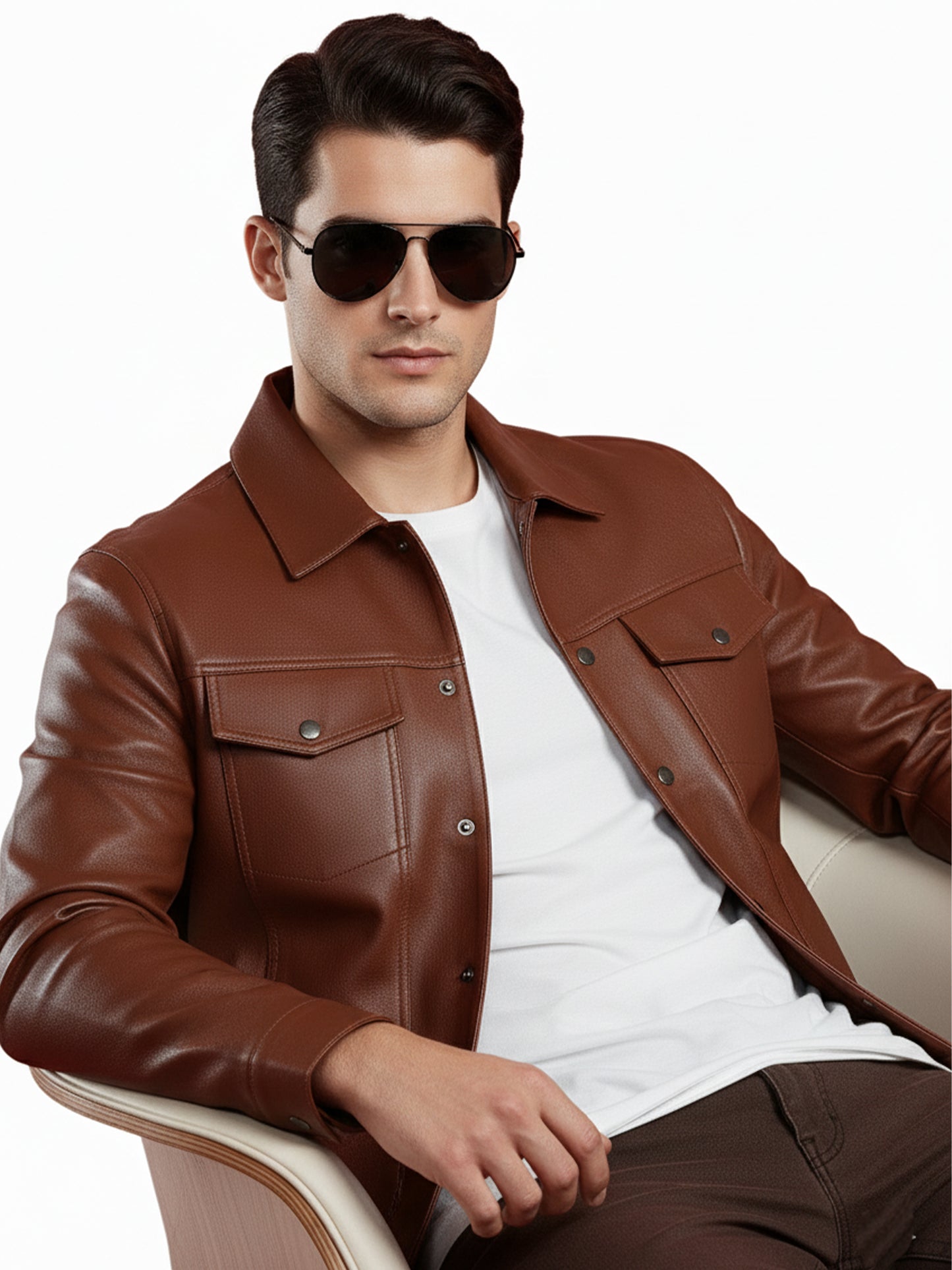 Leather Retail Brown Faux Leather Jacket for Men's with Snap Button Closure( LRAIM50BR )