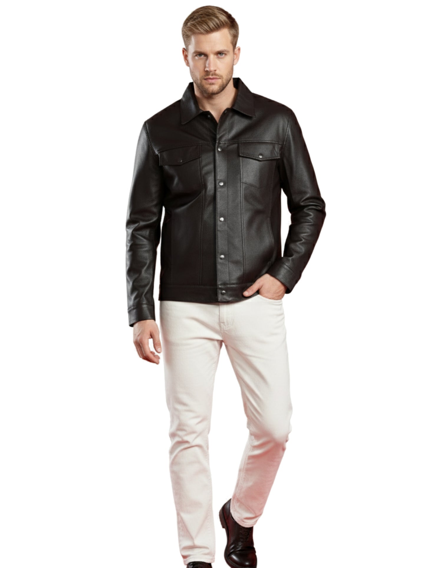 Leather Retail Coffee Faux Leather Jacket for Men's with Snap Button Closure ( LRAIM50CO )