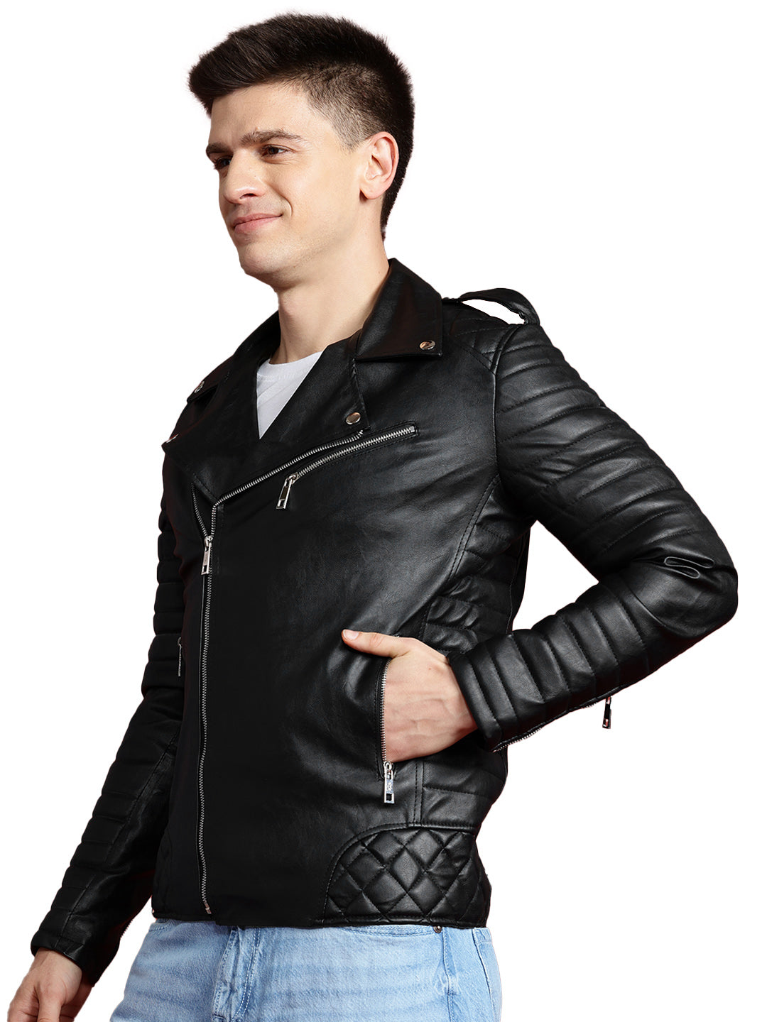 Leather Retail® Men's Solid Biker Jacket(LRRMBL)