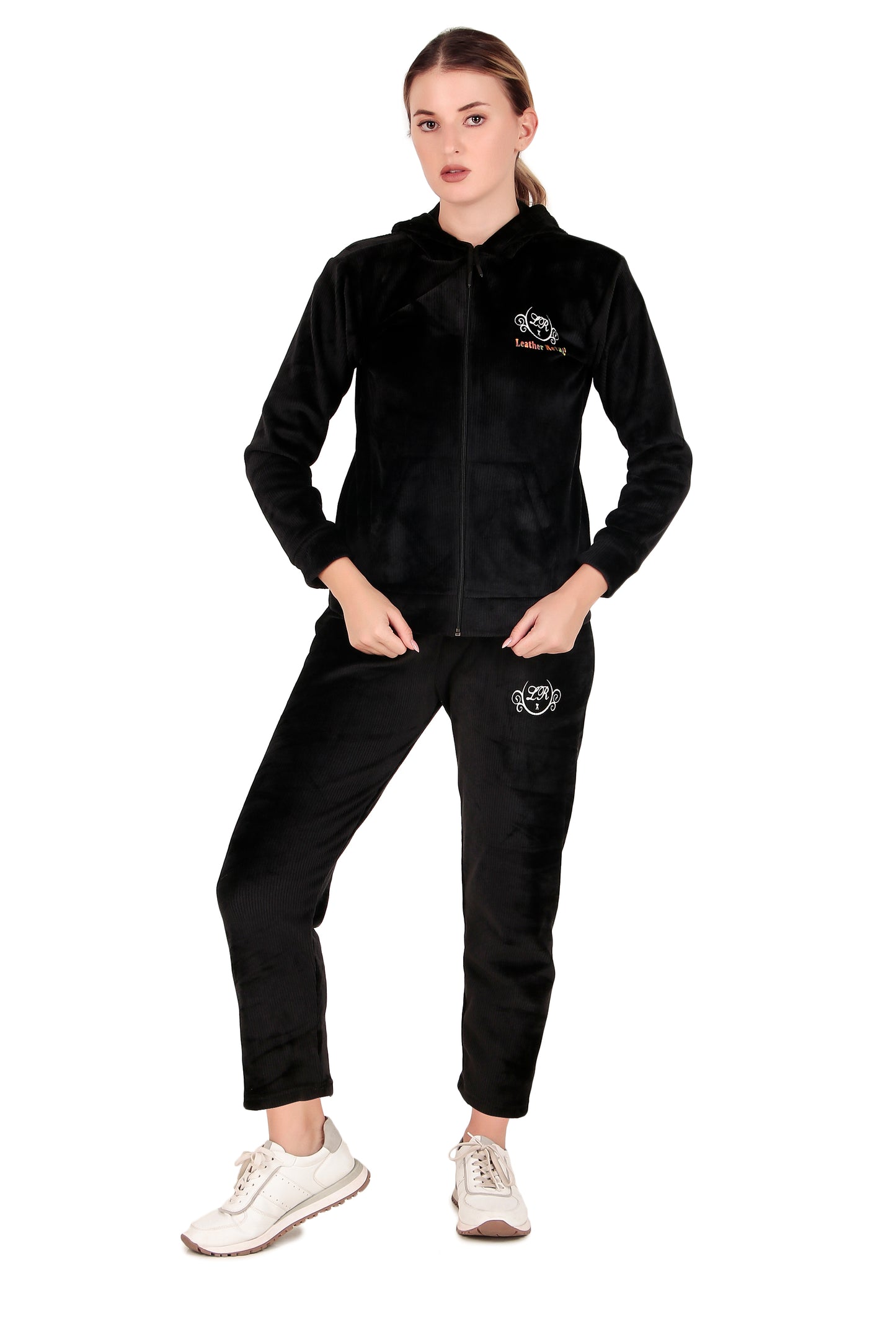 Leather Retail velvet regular fit track suit for Women's (Black)