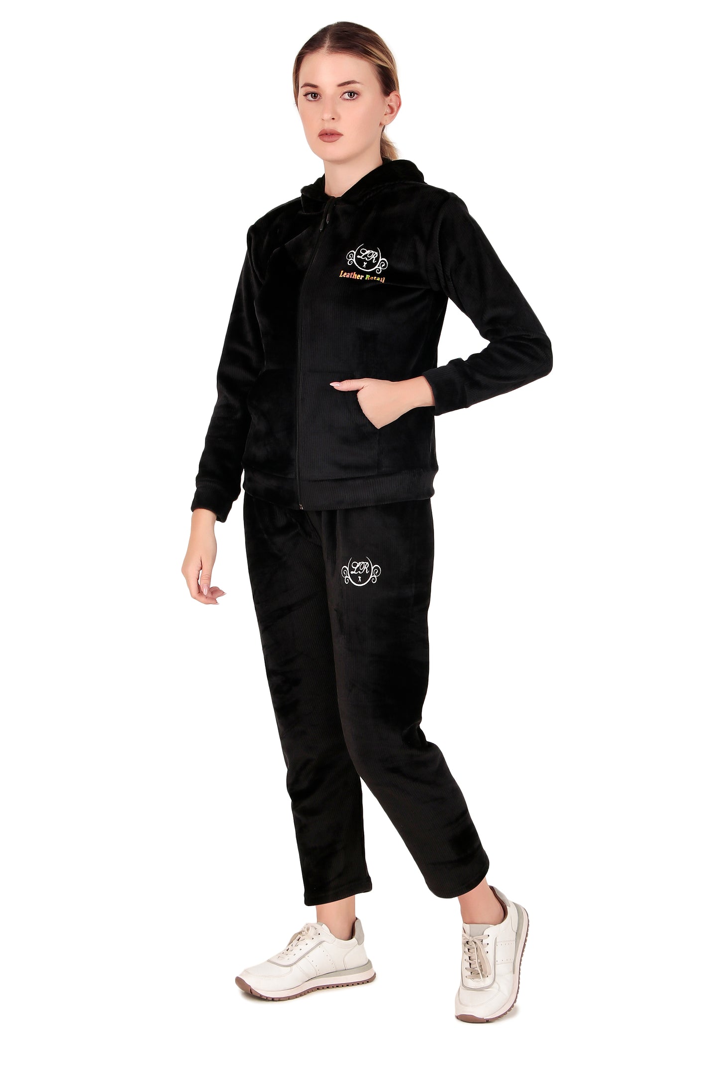 Leather Retail velvet regular fit track suit for Women's (Black)
