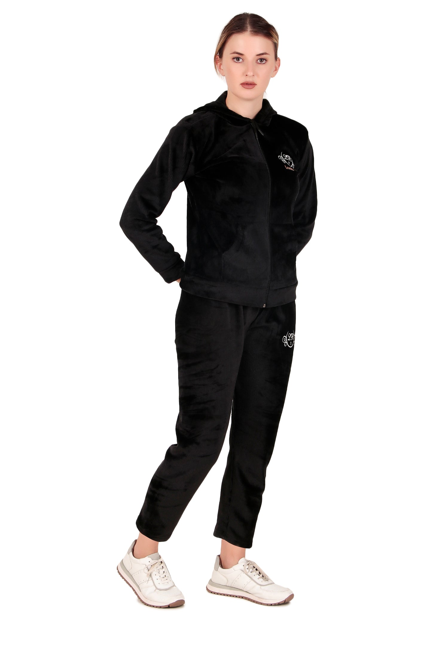 Leather Retail velvet regular fit track suit for Women's (Black)