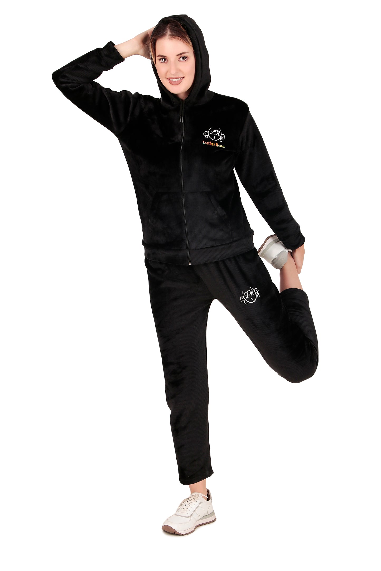 Leather Retail velvet regular fit track suit for Women's (Black)