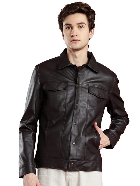 Leather Retail Coffee Faux Leather Jacket for Men's with Snap Button Closure