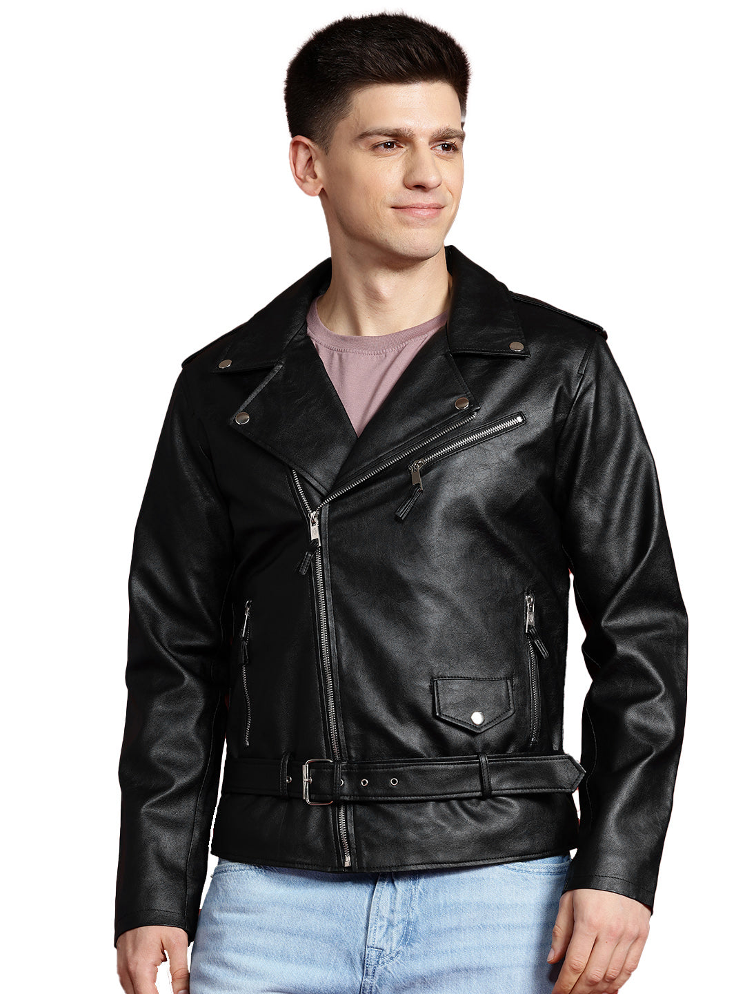 Leather Retail Men's Printed Biker Jacket with Belt ( LRPRM11BL )