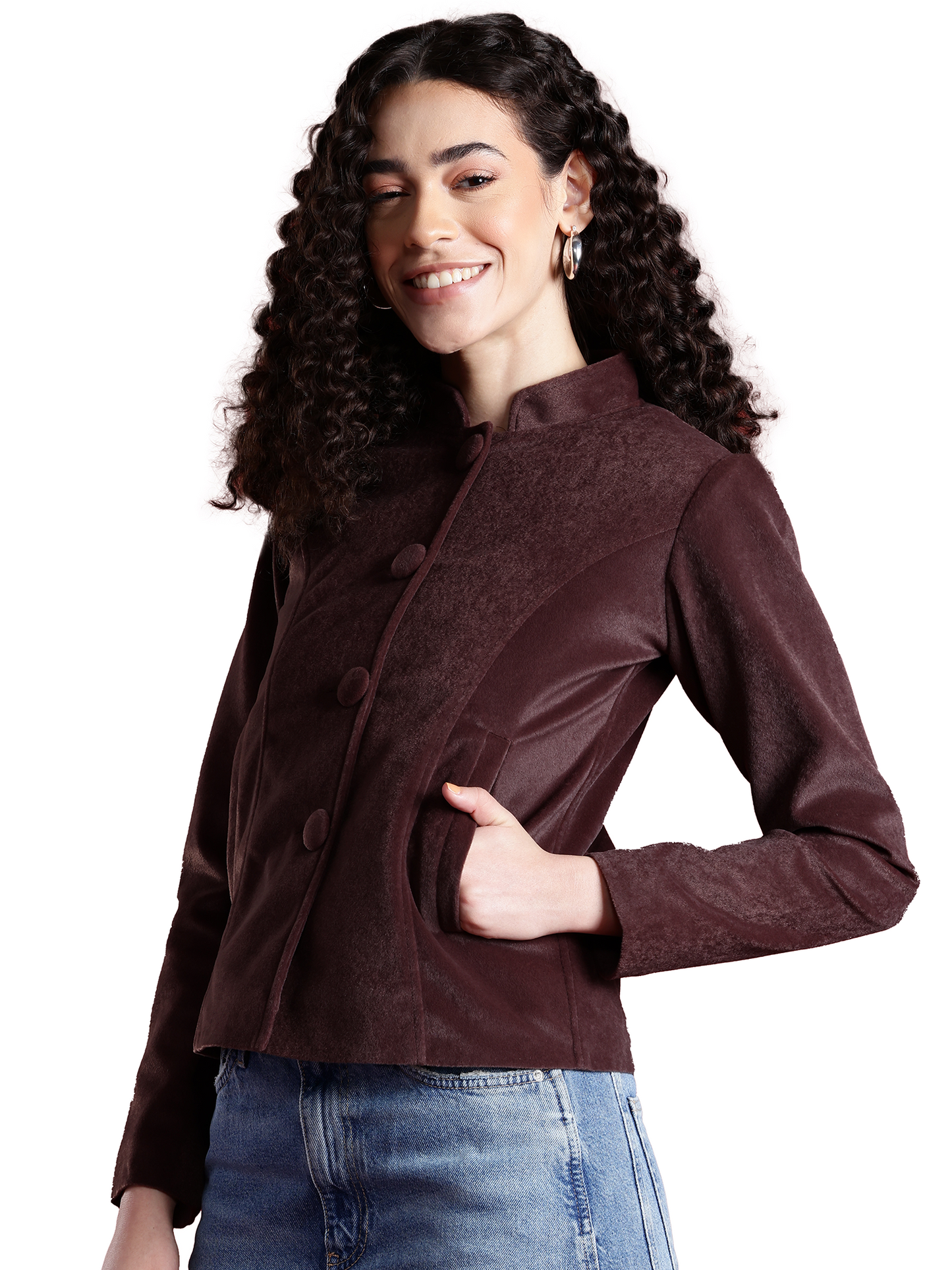 Leather Retail Women Full Sleeve Velvet Four Button Coffee Jacket ( LRVEL4BCO )