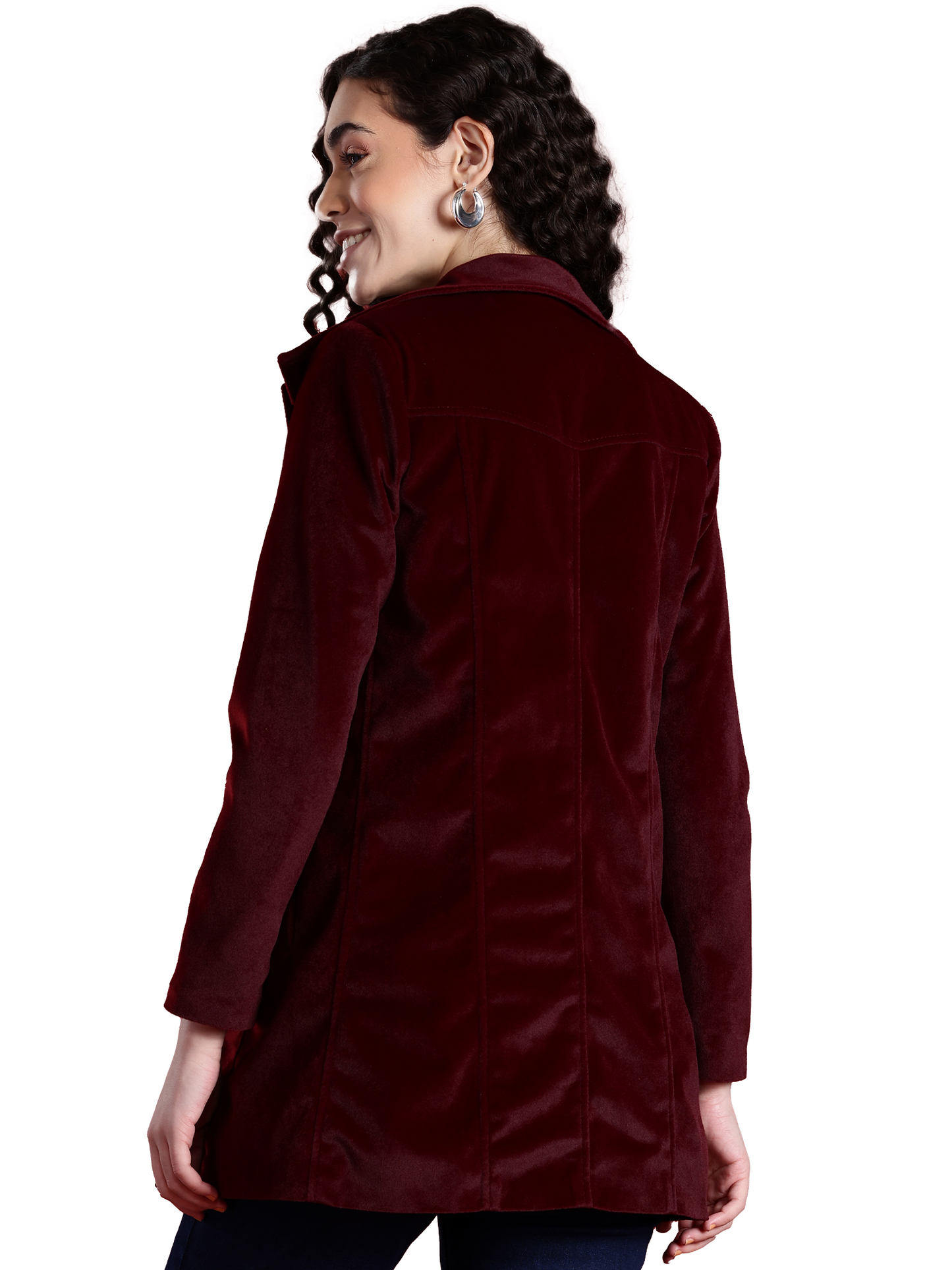 Leather Retail Women Full Sleeve Velvet Three Button Mahroon Jacket ( LRVEL3BMH )