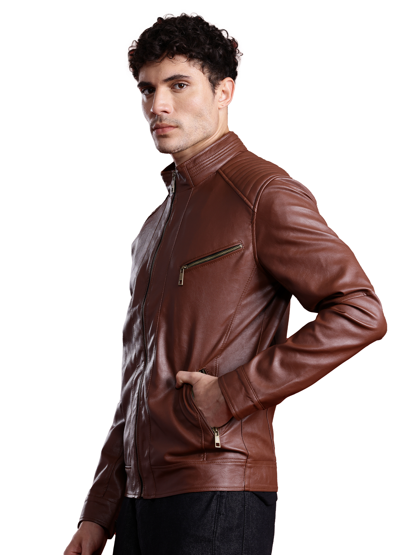 Leather Retail Full Sleeve Men's PU Brown Jacket ( LRM48BR )
