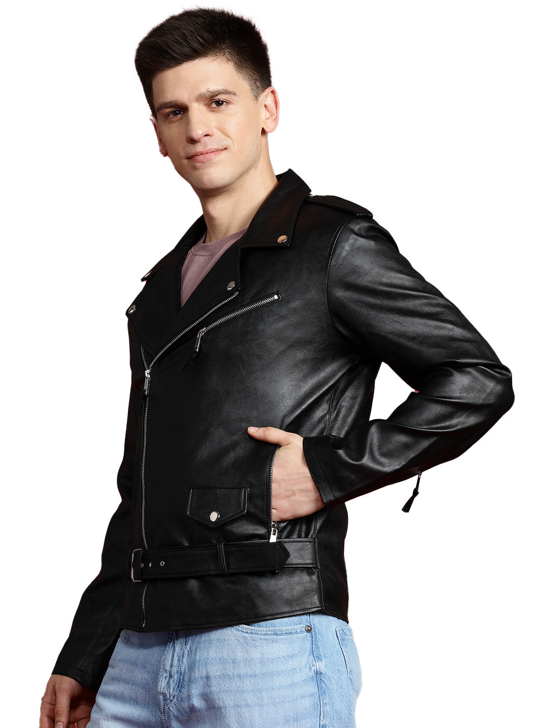 Leather Retail Men's Printed Biker Jacket with Belt ( LRPRM11BL )