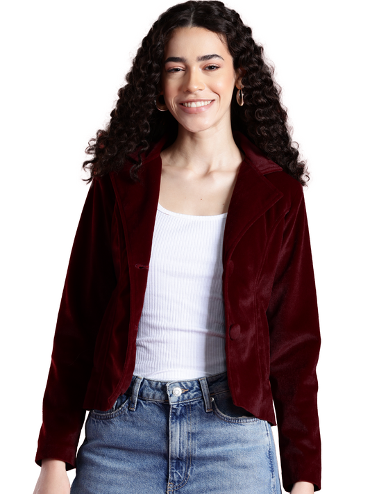 Leather Retail Women Full Sleeve Velvet Two Button Mahroon Jacket ( LRVEL2BMH )
