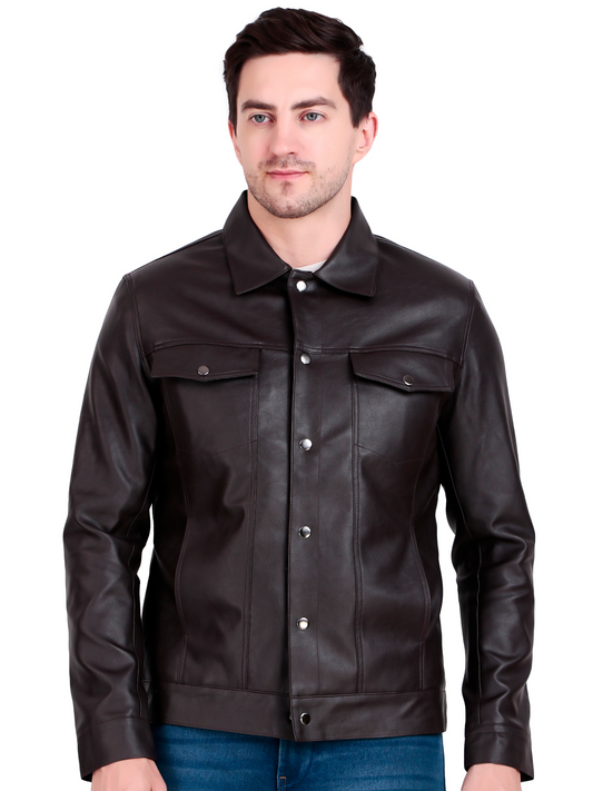 Leather Retail Coffee Faux Leather Jacket for Men's with Snap Button Closure