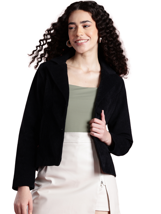 Leather Retail Women Full Sleeve Velvet Two Button Black Jacket ( LRVEL2BBL )