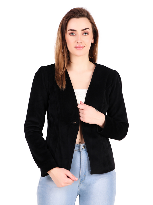 Leather Retail Single Button Winter Wear Velvet Jacket For Women's ( LRVELSBBL )