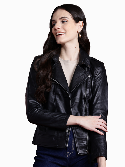 Leather Retail Genuine Leather Biker Jacket For Women's ( LRPLF14BL )