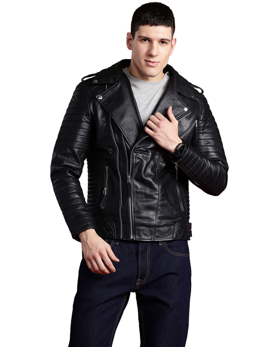 Leather Retail Genuine Leather Biker Jacket for Men's ( LRPLM40BL )