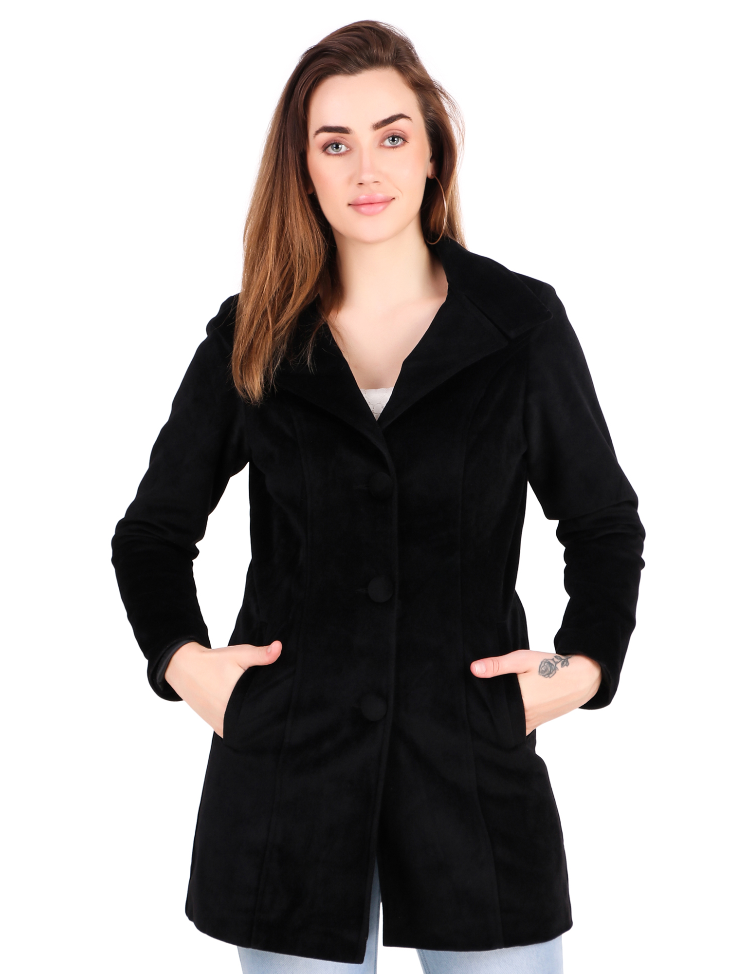 Leather Retail Long Winter Wear Velvet Jacket For Women's ( LRVEL3BBL )